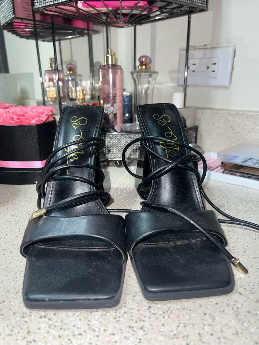 So Me Black Lace-Up Square Toe Heeled Sandals